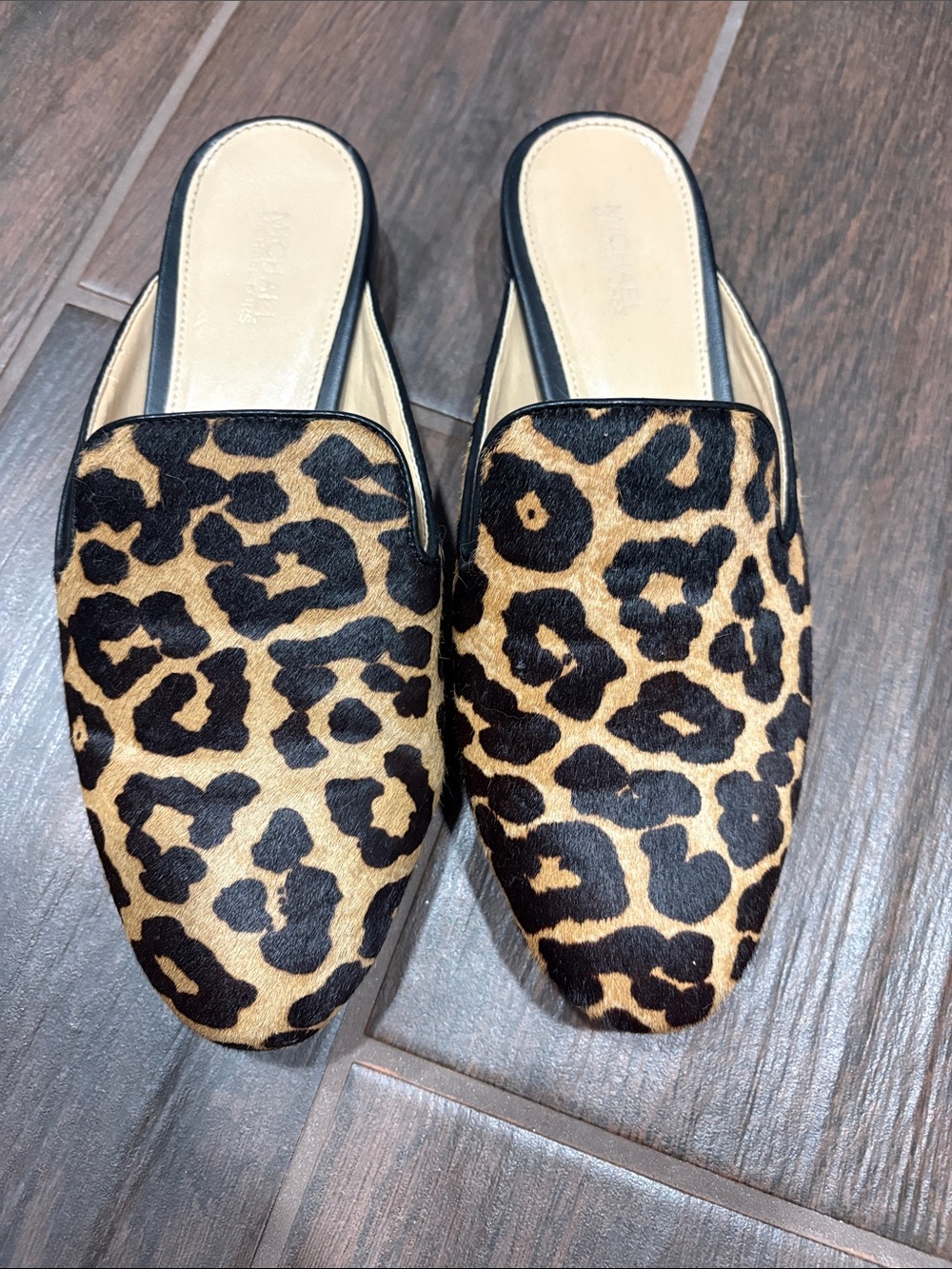 MICHAEL Michael Kors Leopard Print Slip-On Mules in Tan and Black
